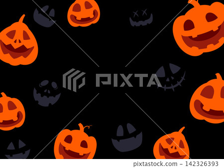 Halloween border frame creepy orange pumpkin scary face black background template copy space banner design. Halloween border frame creepy orange pumpkin scary face black background template copy space banner design. 142326393