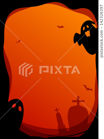Halloween border frame orange background spooky ghost bat graveyard template and copy space banner background. Halloween border frame orange background spooky ghost bat graveyard template and copy space banner background. 142326397