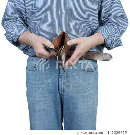 A person in jeans and a blue striped shirt is holding an open, empty brown wallet. A person in jeans and a blue striped shirt is holding an open, empty brown wallet. 142326635