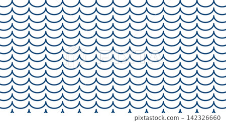Repeated horizontal blue wavy lines isolated on white background. Scalloped ornament. Sea or ocean water texture. Simple summer abstract print. Aqua background. Vector flat illustration Repeated horizontal blue wavy lines isolated on white background. Scalloped ornament. Sea or ocean water texture. Simple summer abstract print. Aqua background. Vector flat illustration 142326660