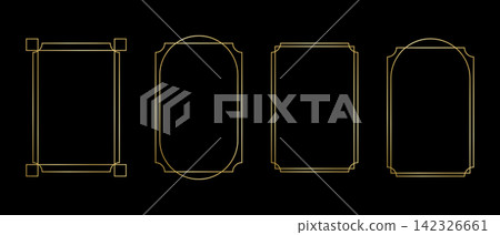 Set of premium golden geometric frames. Elegant gold templates for invitations or greeting cards, event or party banners isolated on dark background. Art deco design elements. Vector illustration Set of premium golden geometric frames. Elegant gold templates for invitations or greeting cards, event or party banners isolated on dark background. Art deco design elements. Vector illustration 142326661