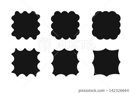 Set of square shapes with scalloped and jagged borders. Wavy geometric forms. Empty text boxes, labels or tags, templates isolated on white background. Vector graphic illustration Set of square shapes with scalloped and jagged borders. Wavy geometric forms. Empty text boxes, labels or tags, templates isolated on white background. Vector graphic illustration 142326664