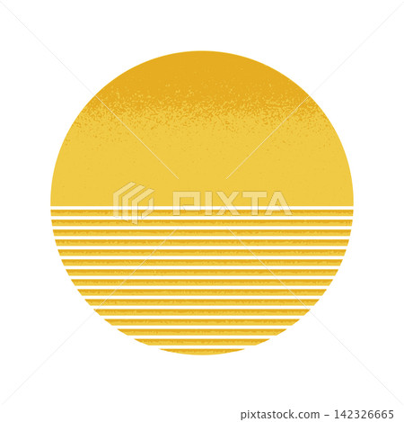 Whole and striped yellow circle halves with grunge texture isolated on white background. Sun and sea silhouette. Sunrise or sunset concept. Simple design element. Vector flat illustration Whole and striped yellow circle halves with grunge texture isolated on white background. Sun and sea silhouette. Sunrise or sunset concept. Simple design element. Vector flat illustration 142326665