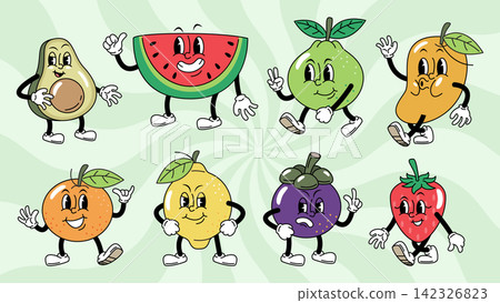 Fruit. Retro rubber hose style cartoon characters set, featuring a walking avocado, watermelon slice, guava, mango, orange, lemon, mangosteen, and strawberry on a green sunburst background. Vector. Fruit. Retro rubber hose style cartoon characters set, featuring a walking avocado, watermelon slice, guava, mango, orange, lemon, mangosteen, and strawberry on a green sunburst background. Vector. 142326823