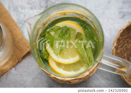 Making lemon mint drink in a pitcher Making lemon mint drink in a pitcher 142326992