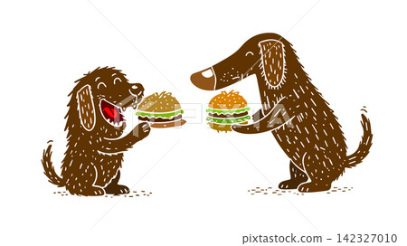 Funny illustration of dogs eating hamburgers. Hand drawn. Not AI, vector illustration. Funny illustration of dogs eating hamburgers. Hand drawn. Not AI, vector illustration. 142327010