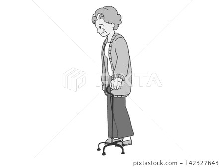 Black and white illustration of an elderly woman walking with a multi-point cane (four-point cane, caregiving, rehabilitation, monochrome, JPG) Black and white illustration of an elderly woman walking with a multi-point cane (four-point cane, caregiving, rehabilitation, monochrome, JPG) 142327643