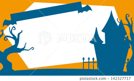 Castle silhouette Halloween background frame with ribbon, orange Castle silhouette Halloween background frame with ribbon, orange 142327717