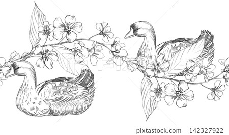 Seamless border of the goose and bird cherry branch. Handmade farm pencil illustrations. For design of cards, cover, prints, product labels and fabric. Seamless border of the goose and bird cherry branch. Handmade farm pencil illustrations. For design of cards, cover, prints, product labels and fabric. 142327922
