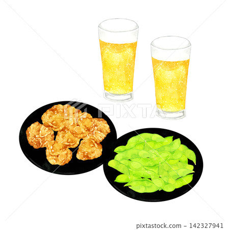 Beer, edamame, and fried chicken - hand-drawn watercolor illustration material Beer, edamame, and fried chicken - hand-drawn watercolor illustration material 142327941