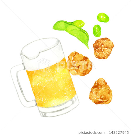 手繪水彩插圖,描繪了啤酒杯、毛豆和炸雞。 手繪水彩插圖,描繪了啤酒杯、毛豆和炸雞。 142327945