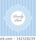 Lovely lace decorative frame. Elegant white openwork label with delicate mesh and scalloped border on soft blue striped background. design for invitation, greeting card, wedding stationery, poster 142328239