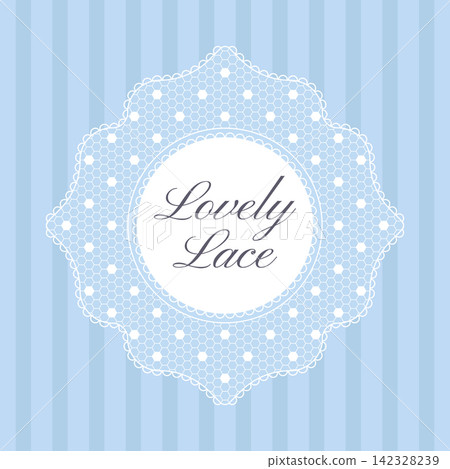 Lovely lace decorative frame. Elegant white openwork label with delicate mesh and scalloped border on soft blue striped background. design for invitation, greeting card, wedding stationery, poster Lovely lace decorative frame. Elegant white openwork label with delicate mesh and scalloped border on soft blue striped background. design for invitation, greeting card, wedding stationery, poster 142328239