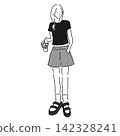 An illustration of a woman in casual fashion, wearing a mini t-shirt, shorts, and platform sports sandals. 142328241