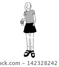 A monochrome line drawing of a woman wearing a mini T-shirt, shorts, and platform sandals. 142328242