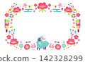 Sheep New Year's background frame with plum blossoms and Japanese pattern decorative frame (watercolor style) 142328299