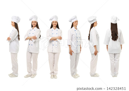 Set, Young woman shows different angles of her chef outfit, PNG Set, Young woman shows different angles of her chef outfit, PNG 142328451