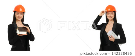 Set, Young woman with hard hat holds notebook and documents, PNG Set, Young woman with hard hat holds notebook and documents, PNG 142328456