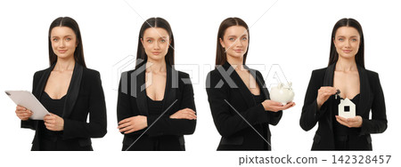 Set, Woman shows different items for a business concept, PNG Set, Woman shows different items for a business concept, PNG 142328457