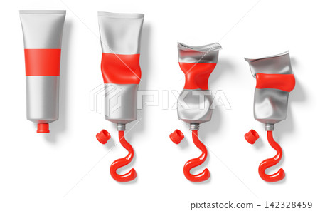 Red paint squeeze tubes 3d set in sequence from full to empty. Closed and open used silver metal containers with oil or acrylic dye. Vibrant color samples, isolated packaging mockups. 3D illustration Red paint squeeze tubes 3d set in sequence from full to empty. Closed and open used silver metal containers with oil or acrylic dye. Vibrant color samples, isolated packaging mockups. 3D illustration 142328459