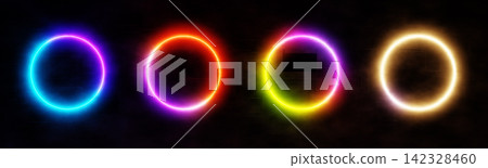 3D set of rainbow light halo circles. Neon color portal rings, round game frames, futuristic sci-fi circular borders on dark tech background, vibrant led decoration for disco party. 3D illustration 3D set of rainbow light halo circles. Neon color portal rings, round game frames, futuristic sci-fi circular borders on dark tech background, vibrant led decoration for disco party. 3D illustration 142328460