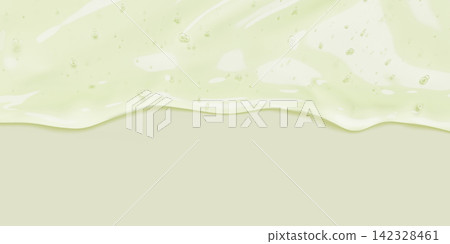 Green tea gel serum texture, transparent cosmetic liquid drip flowing on light 3d background. Smooth wavy stream of aloe hyaluronic cream, water toner, natural lotion, herbal shampoo. 3D illustration Green tea gel serum texture, transparent cosmetic liquid drip flowing on light 3d background. Smooth wavy stream of aloe hyaluronic cream, water toner, natural lotion, herbal shampoo. 3D illustration 142328461