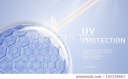 UV protection cosmetic skin care shield, reflect sun rays from hexagon cell structure. Sunscreen product banner with transparent 3d sphere on light blue background. Ultraviolet block. 3D illustration UV protection cosmetic skin care shield, reflect sun rays from hexagon cell structure. Sunscreen product banner with transparent 3d sphere on light blue background. Ultraviolet block. 3D illustration 142328463