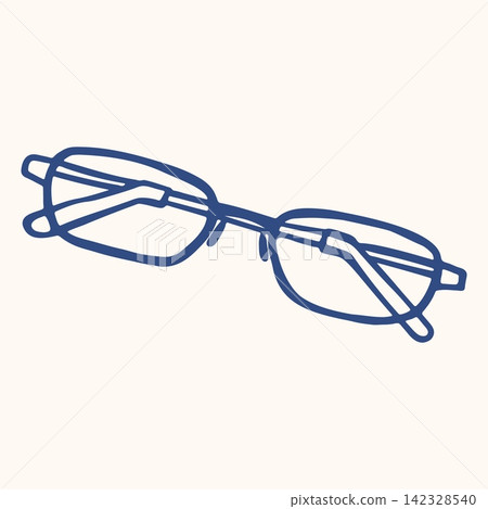 Rectangular Eyeglasses with Slim Frame and Temples. Hand Drawn Doodle Style Eyewear with Blue Lines on Cream Background. Minimalist Outline Icon and Symbol for Optics Shop Sign, Label and Print Rectangular Eyeglasses with Slim Frame and Temples. Hand Drawn Doodle Style Eyewear with Blue Lines on Cream Background. Minimalist Outline Icon and Symbol for Optics Shop Sign, Label and Print 142328540