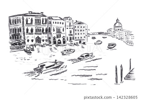 Venice Grand Canal charcoal sketch illustration isolated on white background. Hand drawn black Italian cityscape landscape element. Detailed vintage travel art for postcard, logo, print Venice Grand Canal charcoal sketch illustration isolated on white background. Hand drawn black Italian cityscape landscape element. Detailed vintage travel art for postcard, logo, print 142328605