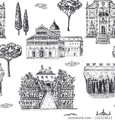 Seamless pattern hand drawn charcoal sketch illustration of Italian landmarks with Pisa cathedral, villa gate, stone pine, cypress trees and historic church architecture. Seamless pattern hand drawn charcoal sketch illustration of Italian landmarks with Pisa cathedral, villa gate, stone pine, cypress trees and historic church architecture. 142328611