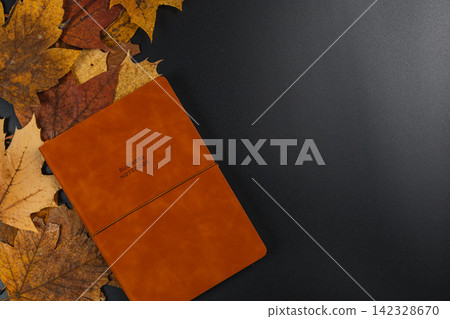 Notebook and pen on wooden background with autumn leaves Notebook and pen on wooden background with autumn leaves 142328670