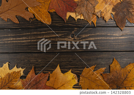 Autumn leaves on rustic wooden background in natural arrangement Autumn leaves on rustic wooden background in natural arrangement 142328803