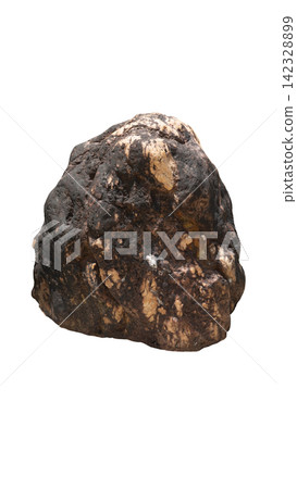 Single isolated natural stone piece with a dark. Textured mineral surface on a clean white background. Single isolated natural stone piece with a dark. Textured mineral surface on a clean white background. 142328899