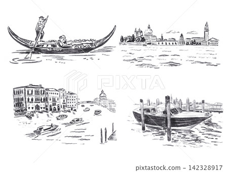 Hand drawn charcoal sketch set of iconic Venice views, isolated on white background. Detailed black cityscape illustrations of gondola, Grand Canal and skyline for postcard, logo, print Hand drawn charcoal sketch set of iconic Venice views, isolated on white background. Detailed black cityscape illustrations of gondola, Grand Canal and skyline for postcard, logo, print 142328917
