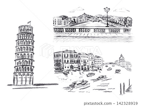 Hand drawn charcoal sketch set of famous Italian landmarks, isolated on white background. Black vintage illustrations of the Leaning Tower of Pisa, Verona and Venice for postcard, logo, print Hand drawn charcoal sketch set of famous Italian landmarks, isolated on white background. Black vintage illustrations of the Leaning Tower of Pisa, Verona and Venice for postcard, logo, print 142328919