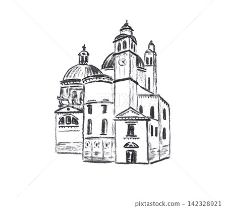 Hand drawn charcoal sketch of Italian cathedral with dome and clock tower, isolated on white background. Black monochrome architecture illustration for travel design and decor Hand drawn charcoal sketch of Italian cathedral with dome and clock tower, isolated on white background. Black monochrome architecture illustration for travel design and decor 142328921