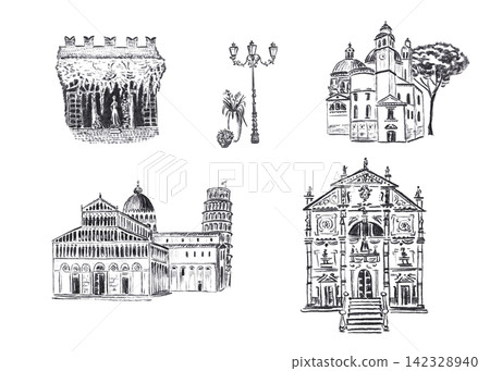 Hand drawn charcoal sketch illustration set with Pisa cathedral, Venice church, ornate gate villa, swan on lake and architecture isolated on white background. Hand drawn charcoal sketch illustration set with Pisa cathedral, Venice church, ornate gate villa, swan on lake and architecture isolated on white background. 142328940