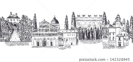 Hand drawn charcoal sketch illustration of Italian landmarks seamless border pattern with Pisa cathedral, villa gate, Venice church and cypress trees. Hand drawn charcoal sketch illustration of Italian landmarks seamless border pattern with Pisa cathedral, villa gate, Venice church and cypress trees. 142328945