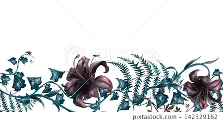 Dark flowers lily, ivy, fern, and wild vine seamless border watercolor illustration. Gothic victorian botanical element for witchcraft poison garden aesthetic, spooky halloween designs, mystical decor Dark flowers lily, ivy, fern, and wild vine seamless border watercolor illustration. Gothic victorian botanical element for witchcraft poison garden aesthetic, spooky halloween designs, mystical decor 142329162