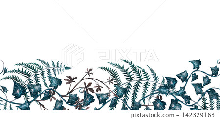 Seamless border of Virginia creeper, ivy, ferns hand drawn watercolor artwork. Gothic victorian witchcraft poison garden shadow elements for a spooky halloween decor and a mysterious botanical print. Seamless border of Virginia creeper, ivy, ferns hand drawn watercolor artwork. Gothic victorian witchcraft poison garden shadow elements for a spooky halloween decor and a mysterious botanical print. 142329163