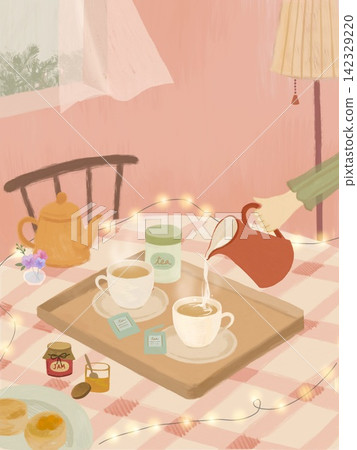 Enjoying milk tea at home: Gentle hand-drawn illustrations 142329220