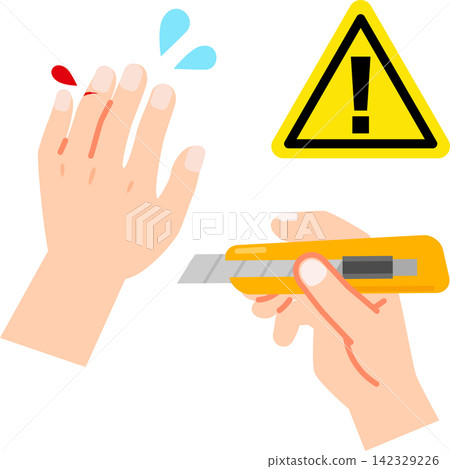 A hand with a cut from a utility knife and a warning sign. A hand with a cut from a utility knife and a warning sign. 142329226