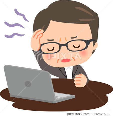 一位中年男子雙手抱頭,坐在筆電前。 一位中年男子雙手抱頭,坐在筆電前。 142329229
