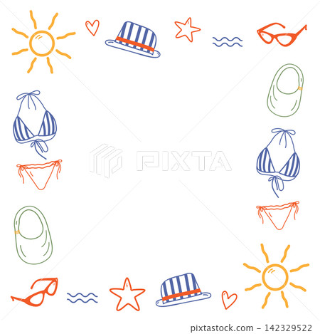 Square Frame Border Mediterranean Summer Beach Accessories in Outline Hand Drawn Style Minimal Flat. Isolated Vector illustration Branding, packaging or social media promotional material, posts, cards Square Frame Border Mediterranean Summer Beach Accessories in Outline Hand Drawn Style Minimal Flat. Isolated Vector illustration Branding, packaging or social media promotional material, posts, cards 142329522