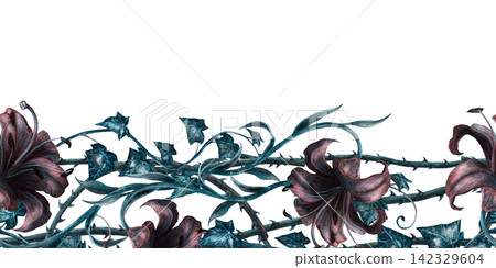 Seamless border featuring dark lilies, thorny vines, ivy leaves, and tendrils hand painted watercolour art. Gothic victorian witch craft poison garden shadow aesthetic and spooky halloween prints. Seamless border featuring dark lilies, thorny vines, ivy leaves, and tendrils hand painted watercolour art. Gothic victorian witch craft poison garden shadow aesthetic and spooky halloween prints. 142329604
