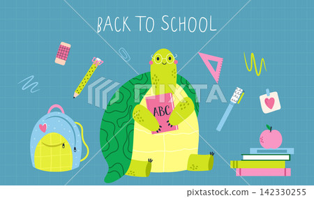 Back to school vector concept with cute turtle character and school supplies 142330255