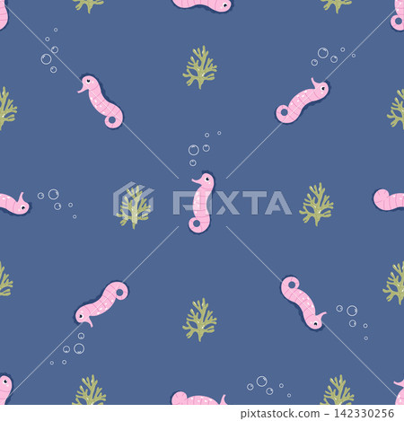 Seamless pattern with cartoon seahorses, seaweeds on blue background Seamless pattern with cartoon seahorses, seaweeds on blue background 142330256