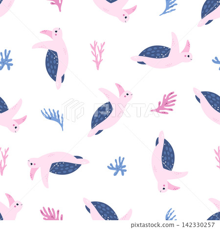Seamless pattern with cartoon sea turtles and seaweeds on white background Seamless pattern with cartoon sea turtles and seaweeds on white background 142330257