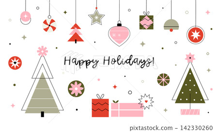 Modern geometric Christmas, New Year banner with trees gifts and hanging baubles Modern geometric Christmas, New Year banner with trees gifts and hanging baubles 142330260