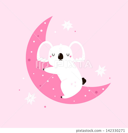 Cute koala sleeping on a pink crescent moon with stars Cute koala sleeping on a pink crescent moon with stars 142330271